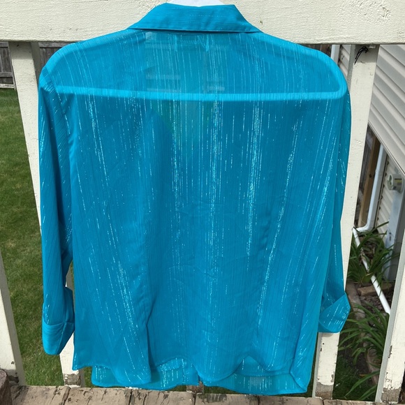 Women’s 80’s Vintage Turquoise w/Silver pinstriped button down Sz L, EUC, Pretty - Picture 4 of 12